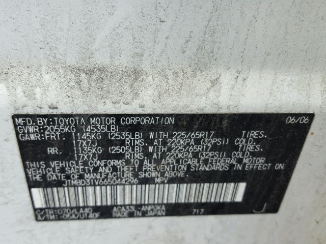 JTMBD31V665044296 - 2006 TOYOTA RAV4 LIMIT WHITE photo 10