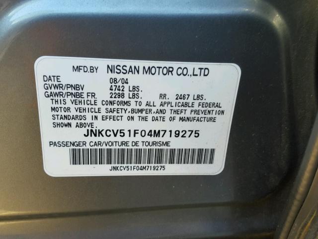 JNKCV51F04M719275 - 2004 INFINITI G35 GRAY photo 10