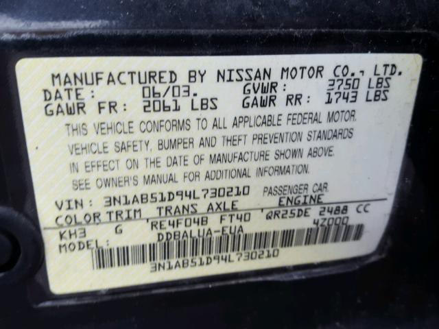 3N1AB51D94L730210 - 2004 NISSAN SENTRA SE- BLACK photo 10