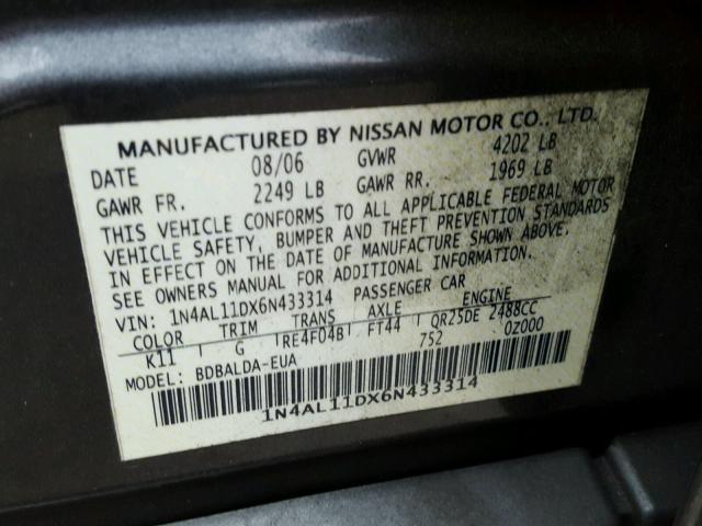 1N4AL11DX6N433314 - 2006 NISSAN ALTIMA S CHARCOAL photo 10