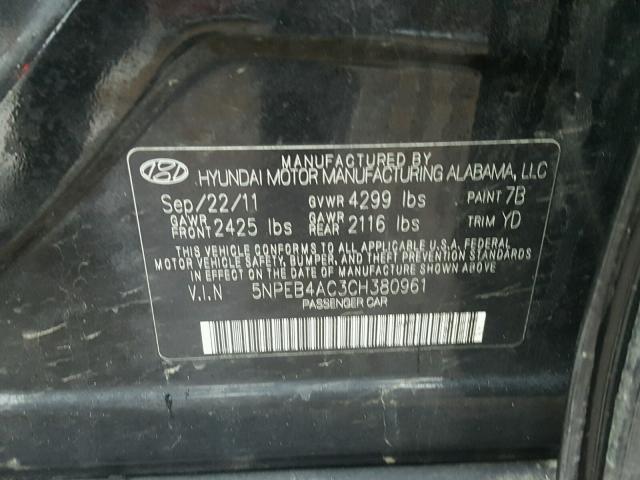 5NPEB4AC3CH380961 - 2012 HYUNDAI SONATA GLS BLACK photo 10