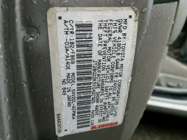 JT2BG22K5Y0422820 - 2000 TOYOTA CAMRY CE GRAY photo 10