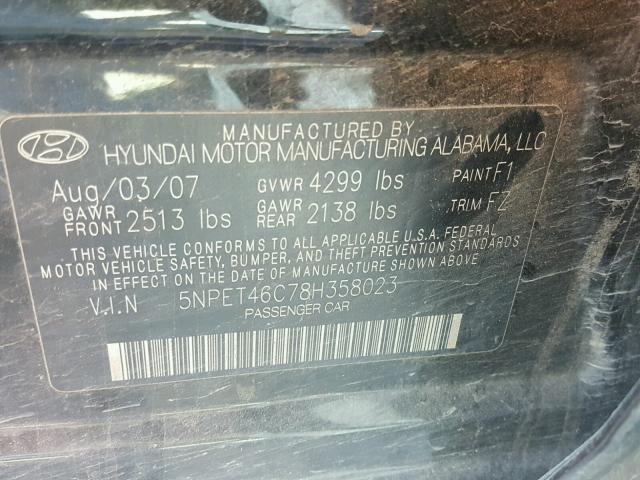 5NPET46C78H358023 - 2008 HYUNDAI SONATA GLS BLACK photo 10