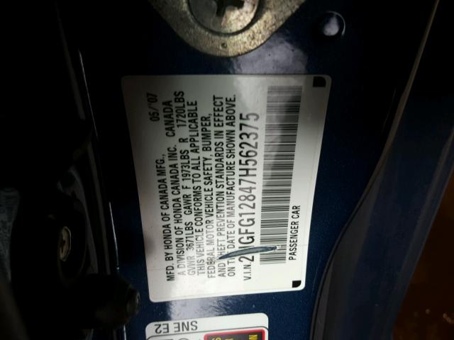 2HGFG12847H562375 - 2007 HONDA CIVIC EX ლურჯი ფოტო 10