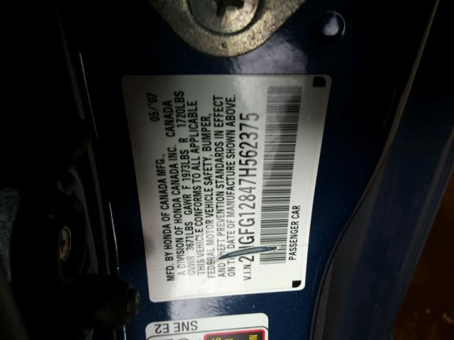 2HGFG12847H562375 - 2007 HONDA CIVIC EX BLUE photo 10