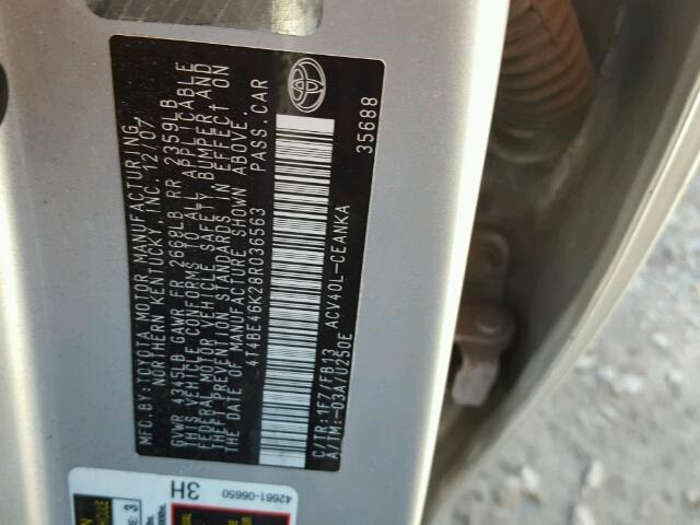 4T4BE46K28R036563 - 2008 TOYOTA CAMRY CE SILVER photo 10