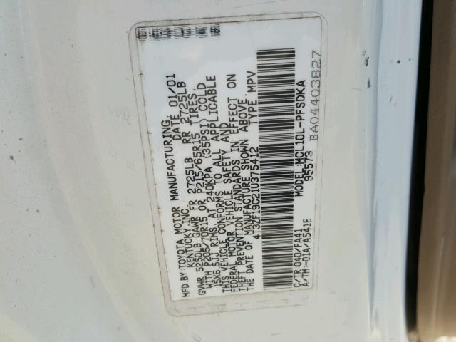 4T3ZF19C21U375412 - 2001 TOYOTA SIENNA CE WHITE photo 10