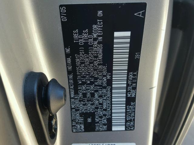 5TDZA22C85S368440 - 2005 TOYOTA SIENNA XLE GRAY photo 10