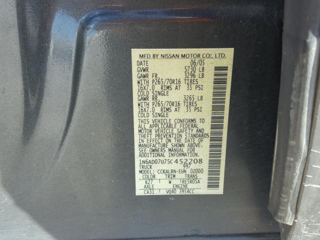 1N6AD07U75C452208 - 2005 NISSAN FRONTIER C GRAY photo 10