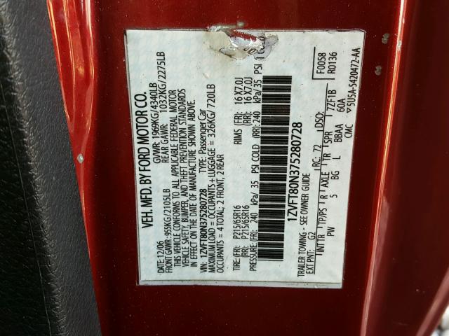 1ZVFT80N375280728 - 2007 FORD MUSTANG RED photo 10