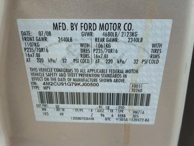 4M2CU91G79KJ00500 - 2009 MERCURY MARINER SILVER photo 10