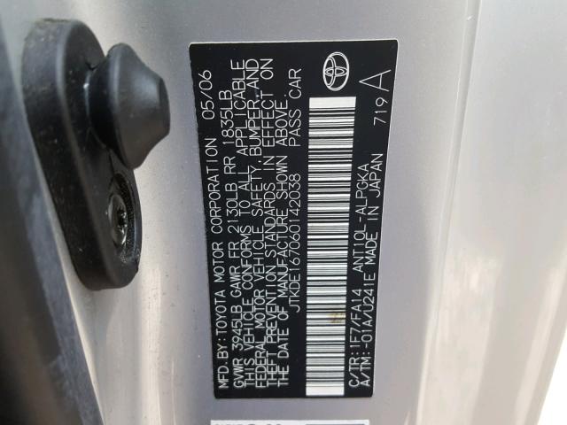 JTKDE167060142038 - 2006 TOYOTA SCION TC SILVER photo 10