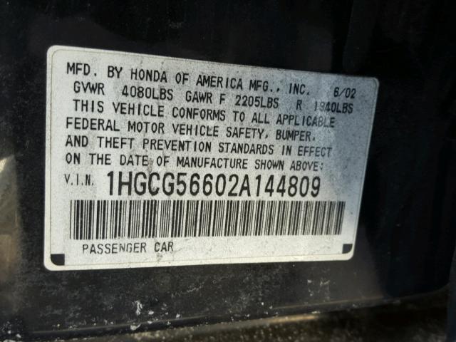 1HGCG56602A144809 - 2002 HONDA ACCORD EX BLACK photo 10