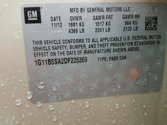 1G11B5SA2DF225369 - 2013 CHEVROLET MALIBU LS ოქროსფერი ფოტო 10
