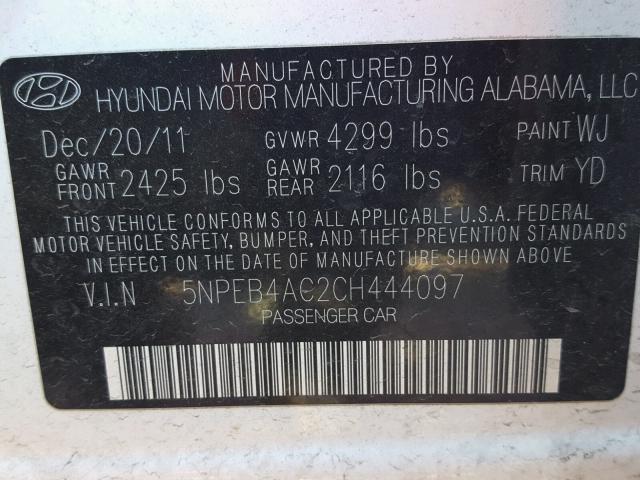 5NPEB4AC2CH444097 - 2012 HYUNDAI SONATA GLS WHITE photo 10