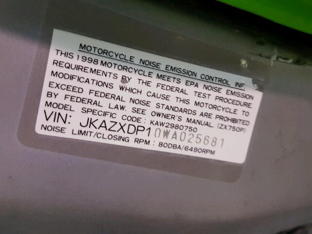 JKAZXDP10WA025681 - 1998 KAWASAKI ZX750 P GREEN photo 20