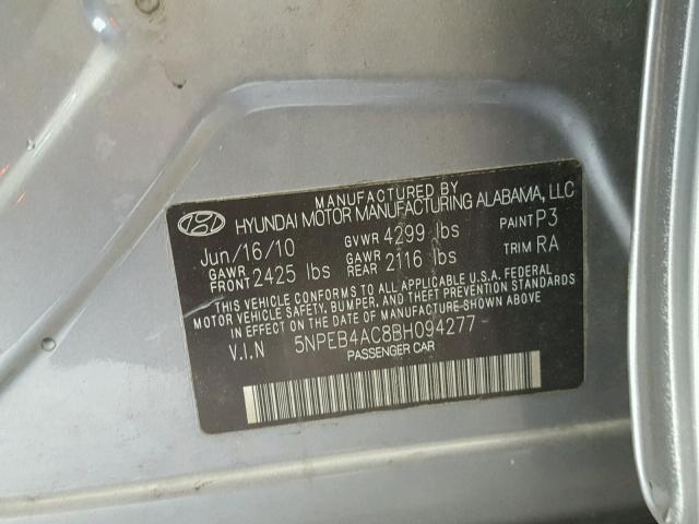 5NPEB4AC8BH094277 - 2011 HYUNDAI SONATA GLS SILVER photo 10