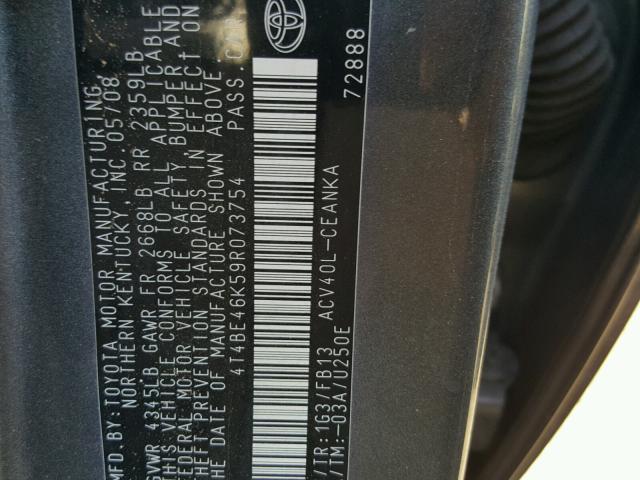 4T4BE46K59R073754 - 2009 TOYOTA CAMRY BASE GRAY photo 10