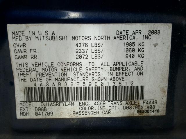 4A3AB36F59E013612 - 2009 MITSUBISHI GALANT ES BLUE photo 10