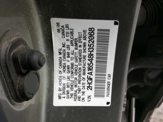 2HGFA16548H352068 - 2008 HONDA CIVIC LX GRAY photo 10