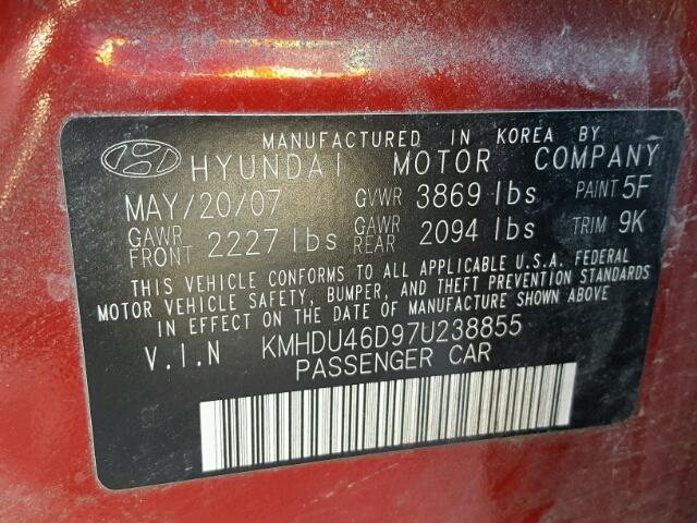 KMHDU46D97U238855 - 2007 HYUNDAI ELANTRA GL RED photo 10