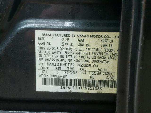 1N4AL11D35N913385 - 2005 NISSAN ALTIMA S GRAY photo 10