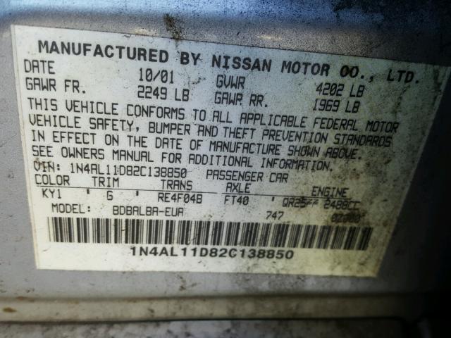 1N4AL11D82C138850 - 2002 NISSAN ALTIMA BAS SILVER photo 10