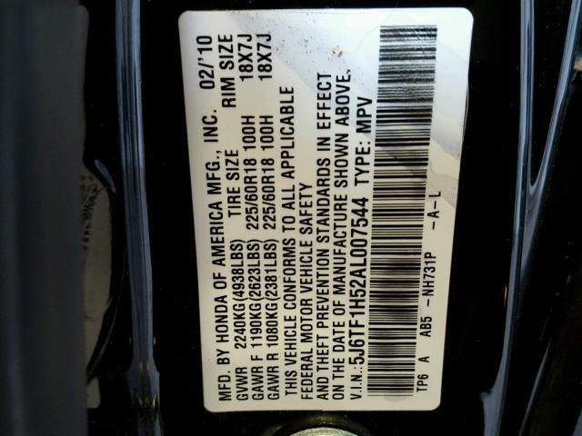 5J6TF1H52AL007544 - 2010 HONDA ACCORD CRO BLACK photo 10