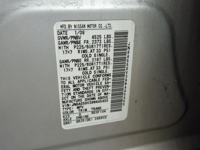 JN8AS58V39W445455 - 2009 NISSAN ROGUE S SILVER photo 10