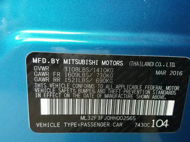 ML32F3FJ0HH002565 - 2017 MITSUBISHI MIRAGE G4 BLUE photo 10