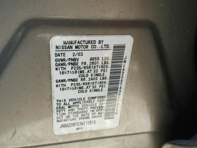 JN8AZ08T43W110516 - 2003 NISSAN MURANO SL BROWN photo 10