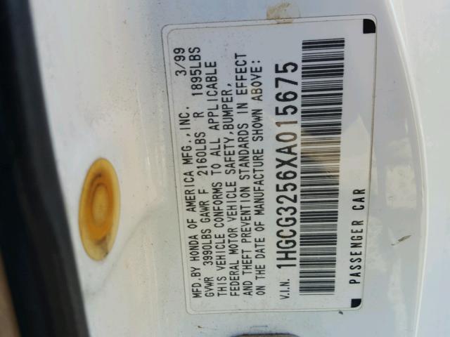 1HGCG3256XA015675 - 1999 HONDA ACCORD EX WHITE photo 10