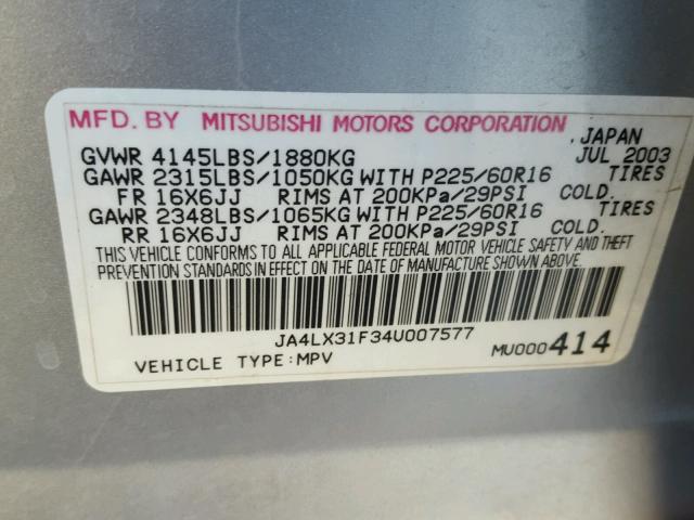 JA4LX31F34U007577 - 2004 MITSUBISHI OUTLANDER SILVER photo 10