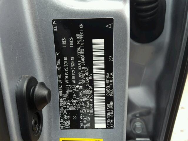 5TDZKRFH4FS078726 - 2015 TOYOTA HIGHLANDER SILVER photo 10