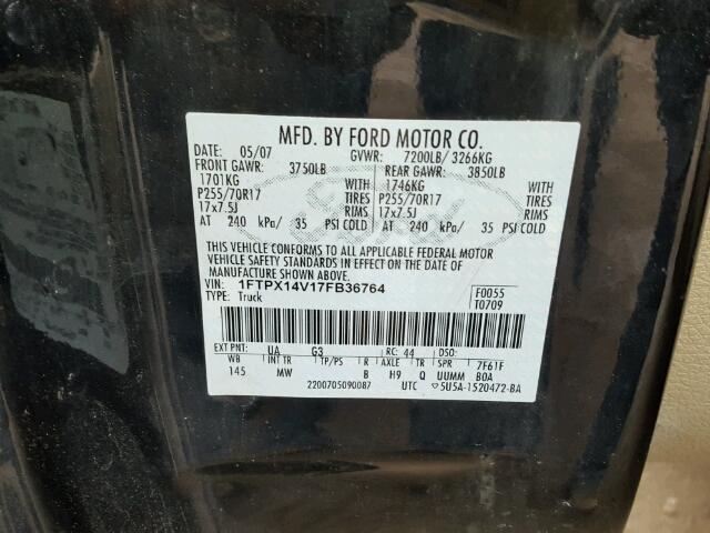 1FTPX14V17FB36764 - 2007 FORD F150 BLACK photo 10