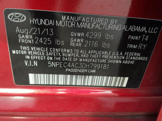 5NPEC4AC3DH799181 - 2013 HYUNDAI SONATA SE RED photo 10