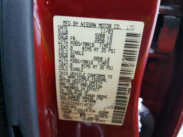 5N1ED28Y14C607685 - 2004 NISSAN XTERRA XE RED photo 10