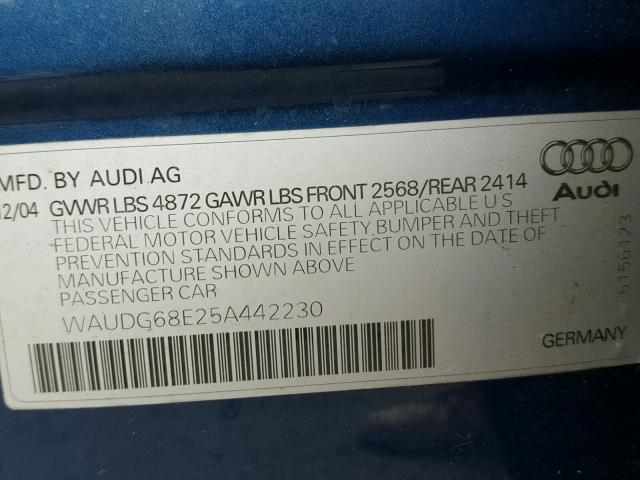 WAUDG68E25A442230 - 2005 AUDI A4 3.2 QUA BLUE photo 10