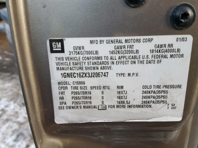 1GNEC16ZX3J206747 - 2003 CHEVROLET SUBURBAN C SILVER photo 10