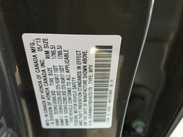 2HKRM4H78DH670179 - 2013 HONDA CR-V EXL GRAY photo 10