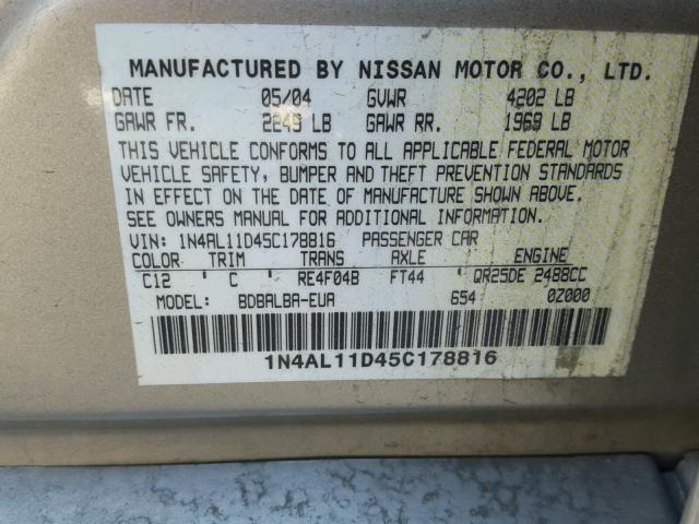 1N4AL11D45C178816 - 2005 NISSAN ALTIMA S TAN photo 10