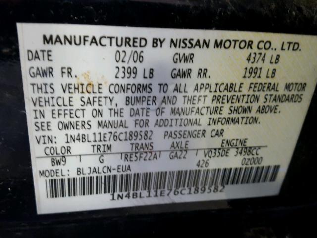 1N4BL11E76C189582 - 2006 NISSAN ALTIMA SE BLUE photo 10