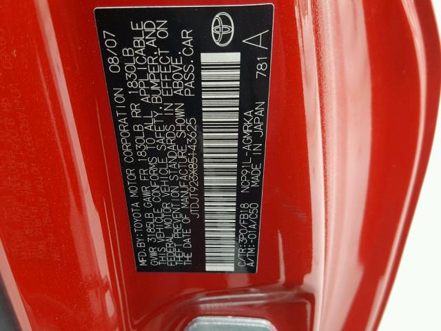 JTDJT923X85143625 - 2008 TOYOTA YARIS RED photo 10