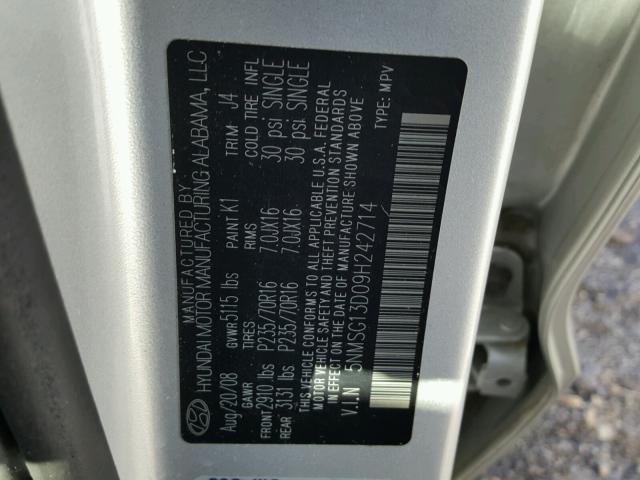 5NMSG13D09H242714 - 2009 HYUNDAI SANTA FE G 银色 照片 10