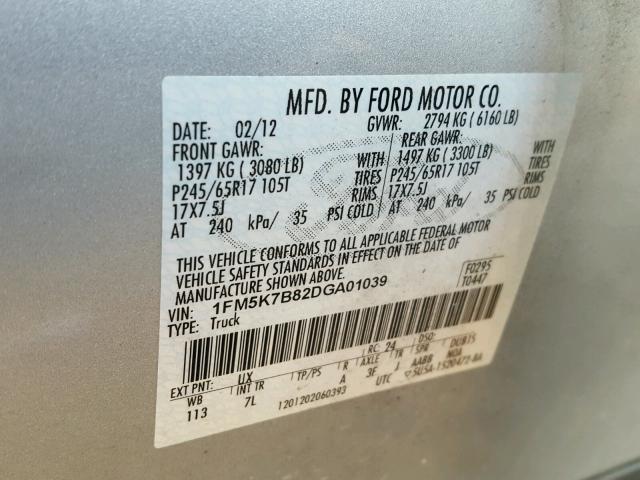 1FM5K7B82DGA01039 - 2013 FORD EXPLORER SILVER photo 10