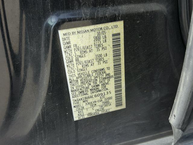 5N1AR18U66C609135 - 2006 NISSAN PATHFINDER BLACK photo 10