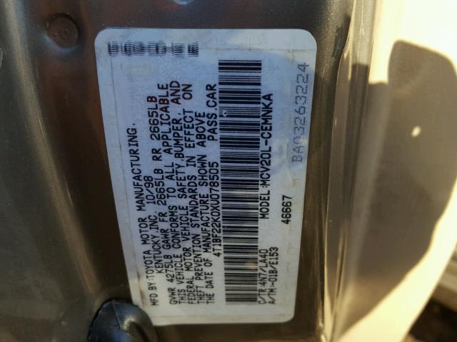 4T1BF22K0XU078505 - 1999 TOYOTA CAMRY LE GOLD photo 10