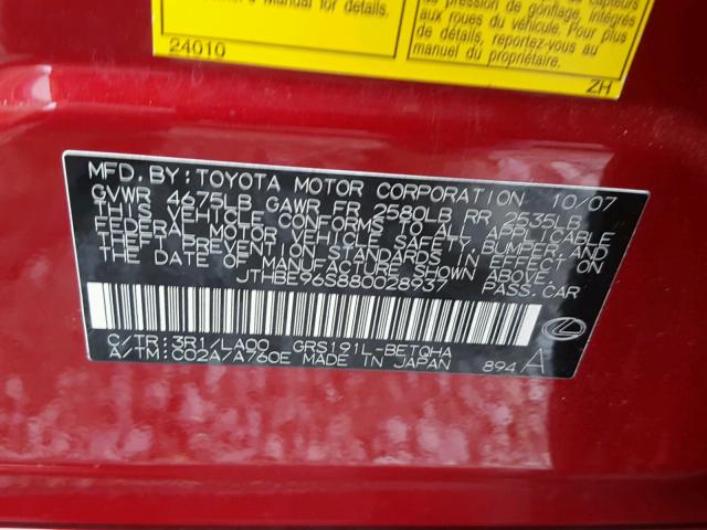 JTHBE96S880028937 - 2008 LEXUS GS 350 RED photo 10