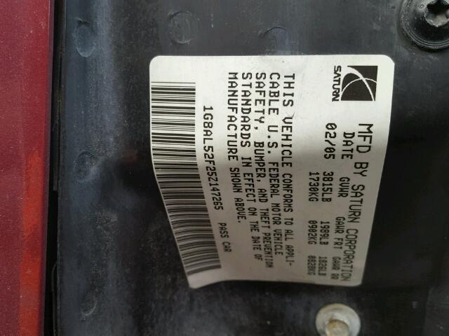 1G8AL52F25Z147265 - 2005 SATURN ION LEVEL RED photo 10
