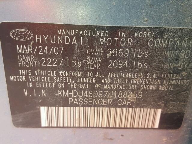 KMHDU46D97U188359 - 2007 HYUNDAI ELANTRA GL BLUE photo 10